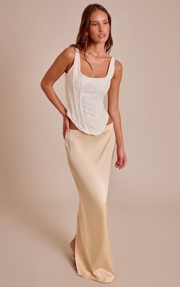 Cream Textured Satin Boned Dip Hem Longline Corset