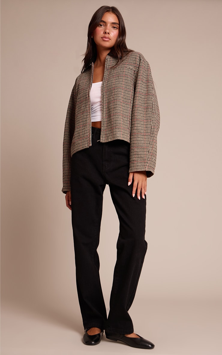 Brown Checked PU Collar Zip Up Jacket image 3
