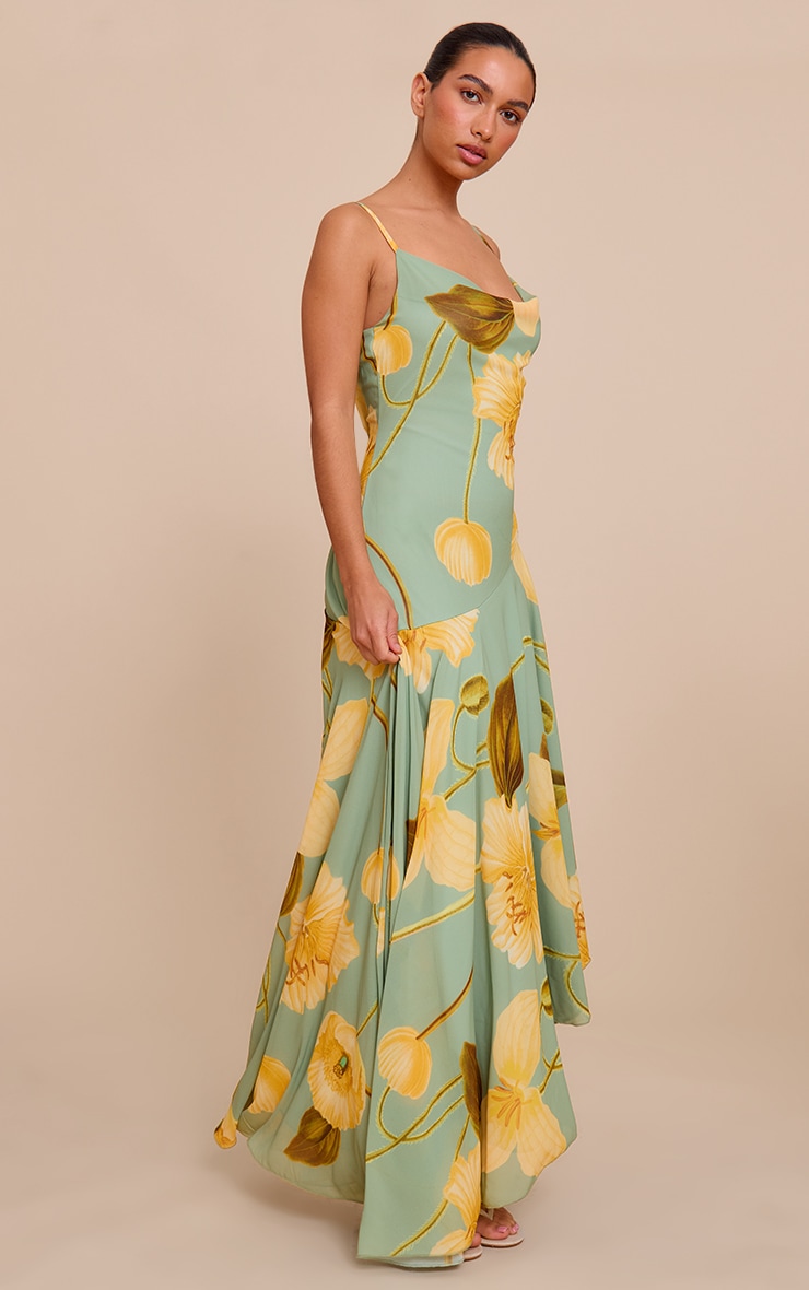 Green Floral Printed Strappy Cowl Neck Maxi Dress image 3