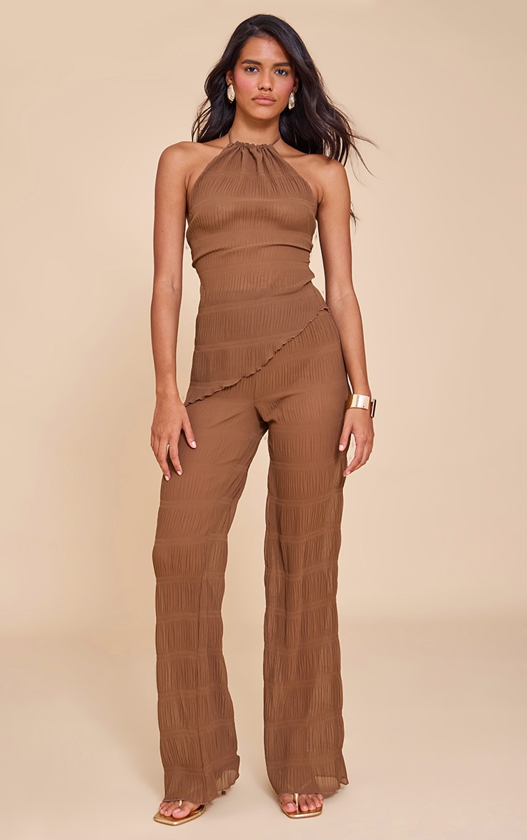 Chocolate Brown Textured Sheer Woven Backless Asymmetric Long Top image 3