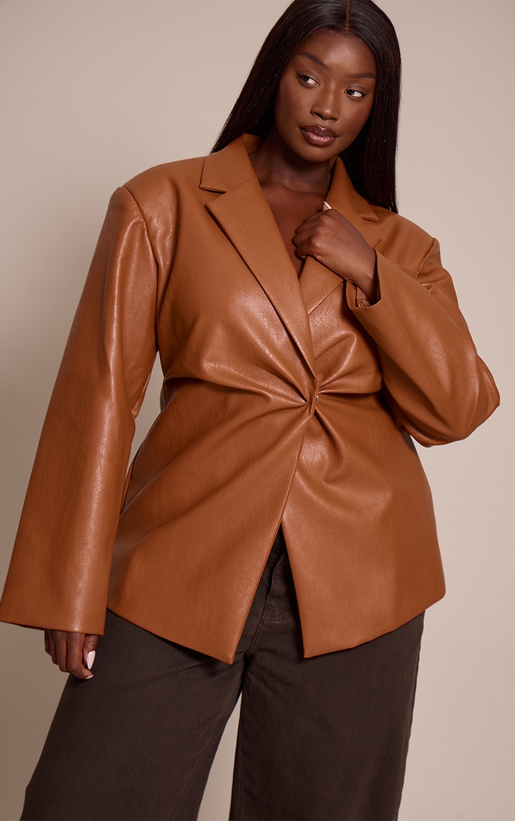 Plus Tan Faux Leather Cinch Waist Blazer