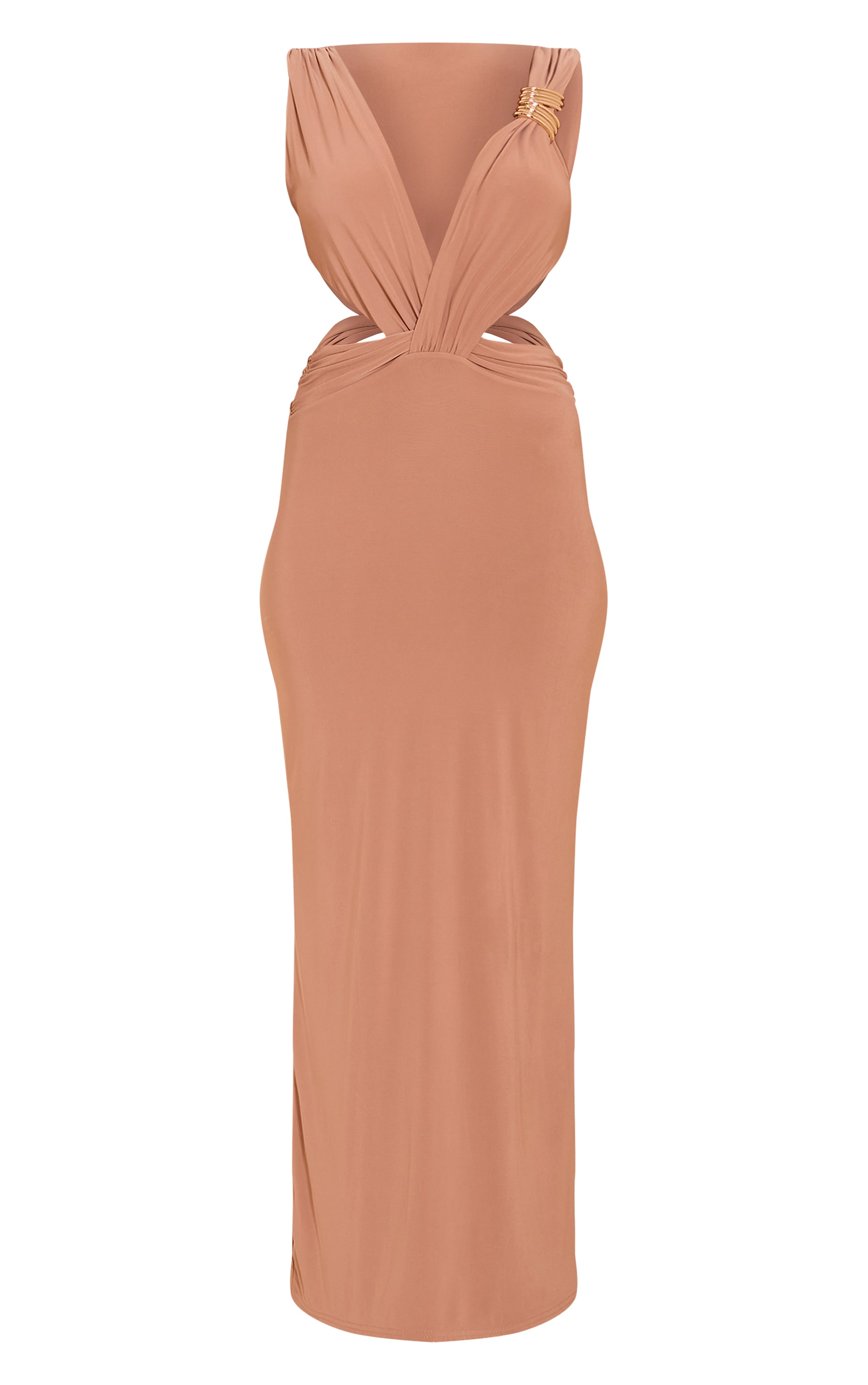 Beige Double Layer Slinky Plunge Cut Out Maxi Dress image 5