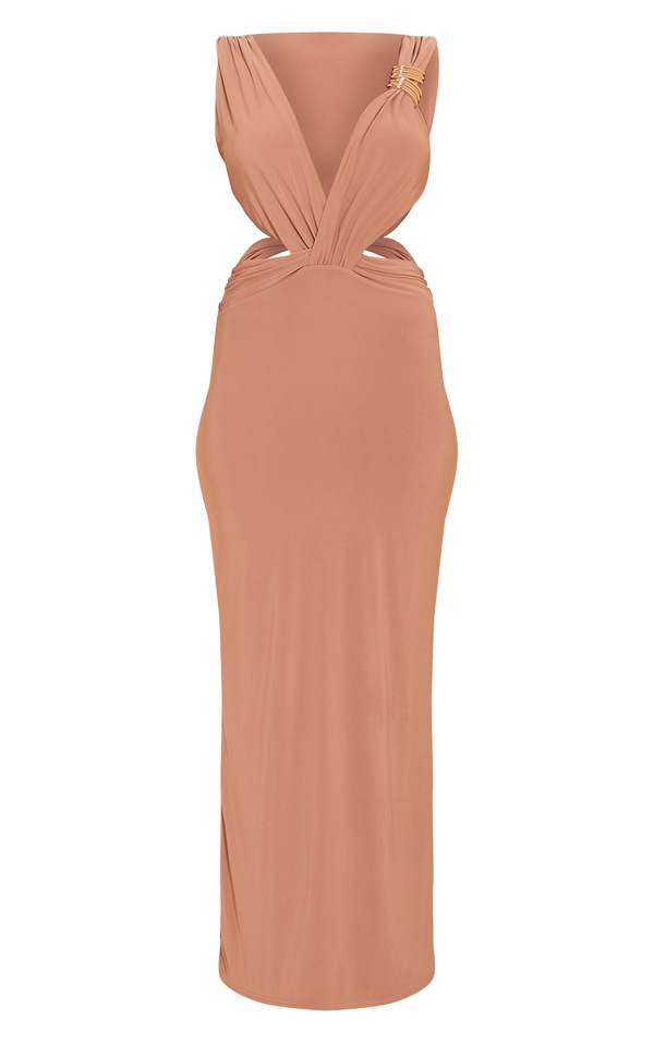 Beige Double Layer Plunge Cut Out Maxi Dress | Dresses | PLT AUS