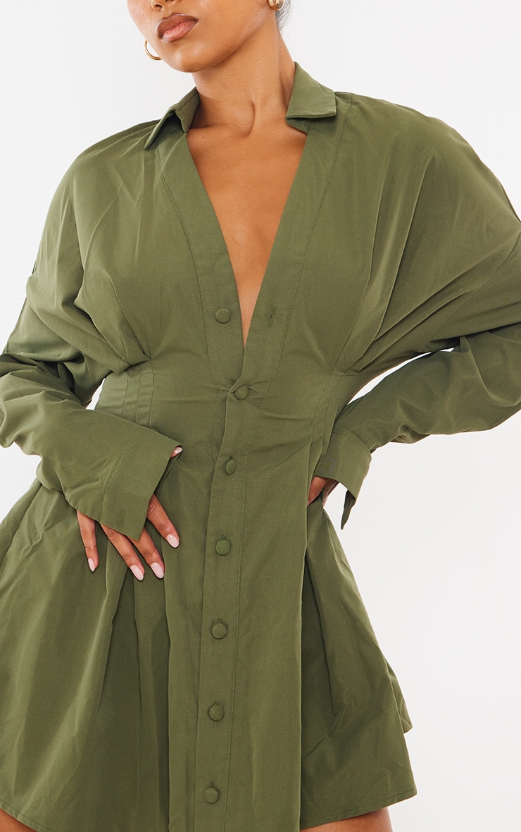 Khaki Woven Pleated Waist Oversized Shirt Dress image 4