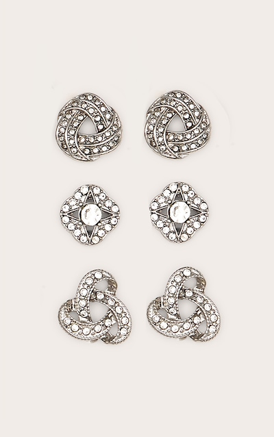 Silver Diamante Knotted Stud Earrings Multi Pack