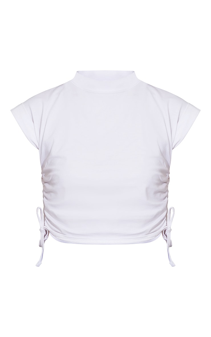 White Cotton Folded Sleeve Ruched Side Crop Top image 5