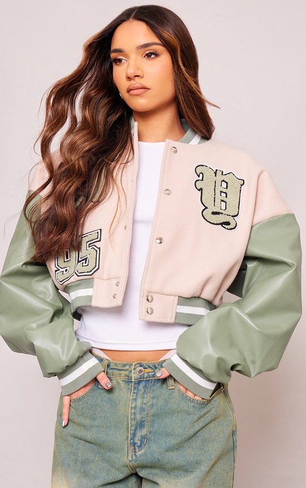 Cream Pu Contrast Sleeve Graphic Bomber Jacket PrettyLittleThing