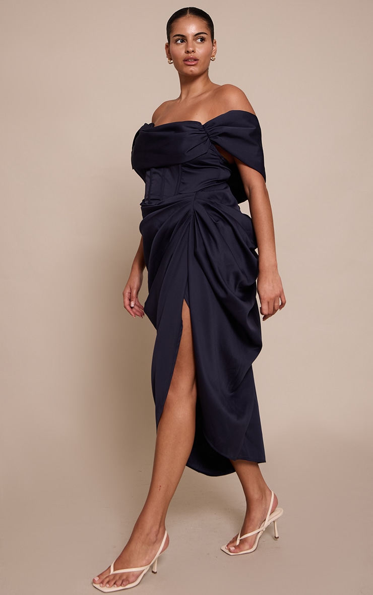 Plus Navy Corset Bardot Draped Midi Dress image 3