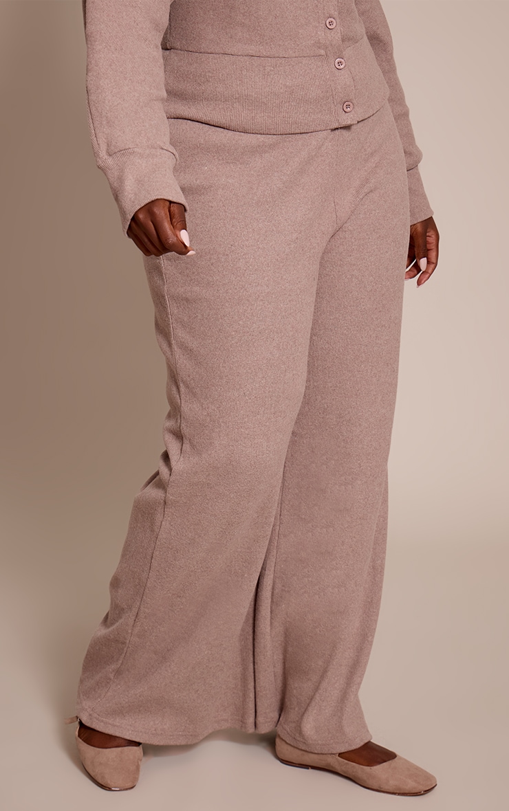 Plus Mushroom Soft Ribbed Low Rise Wide Leg Trousers image 2