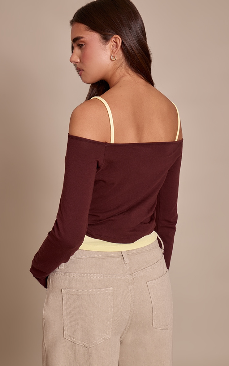 Chocolate Cotton Overlay Detail Bardot Long Sleeve Top  image 2