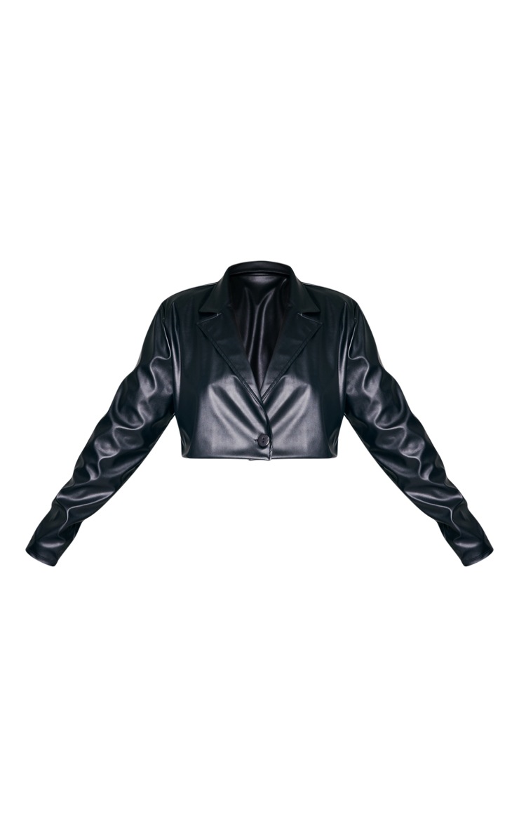 Plus Black Basic Shoulder Padded Boxy Cropped Faux Leather Blazer image 5
