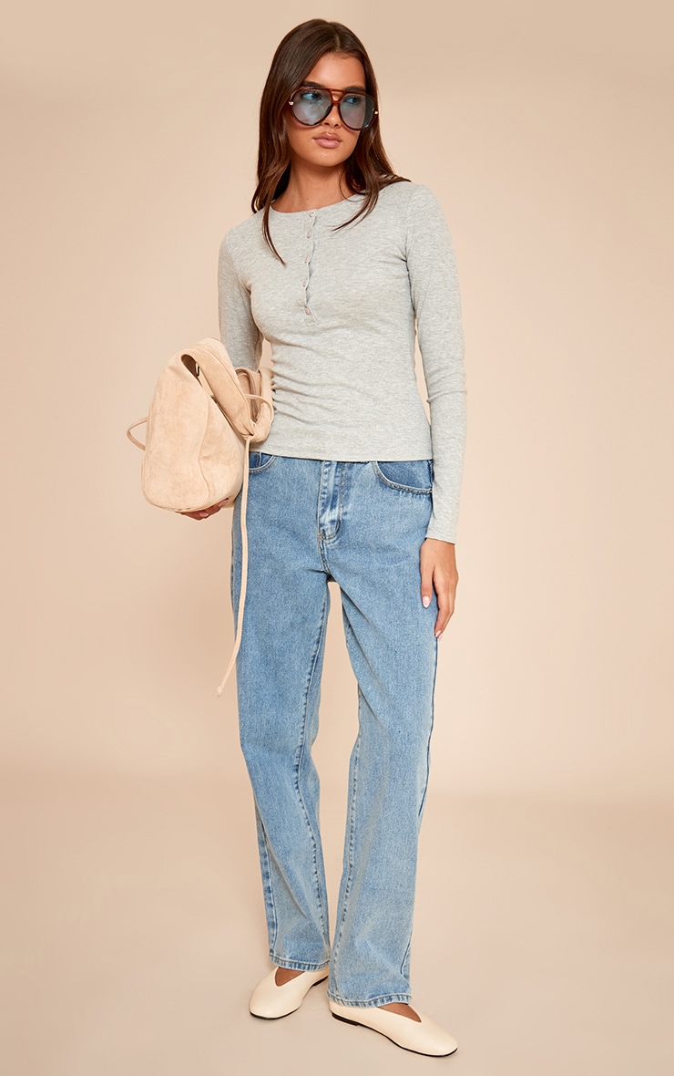 Grey Marl Soft Rib Button Up Fitted Long Sleeve Top image 3