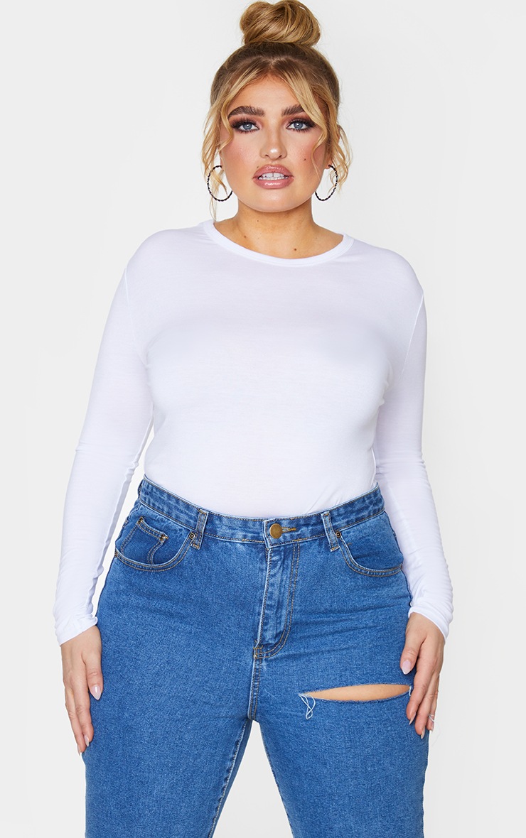 Plus Basic White Long Sleeve Fitted T Shirt