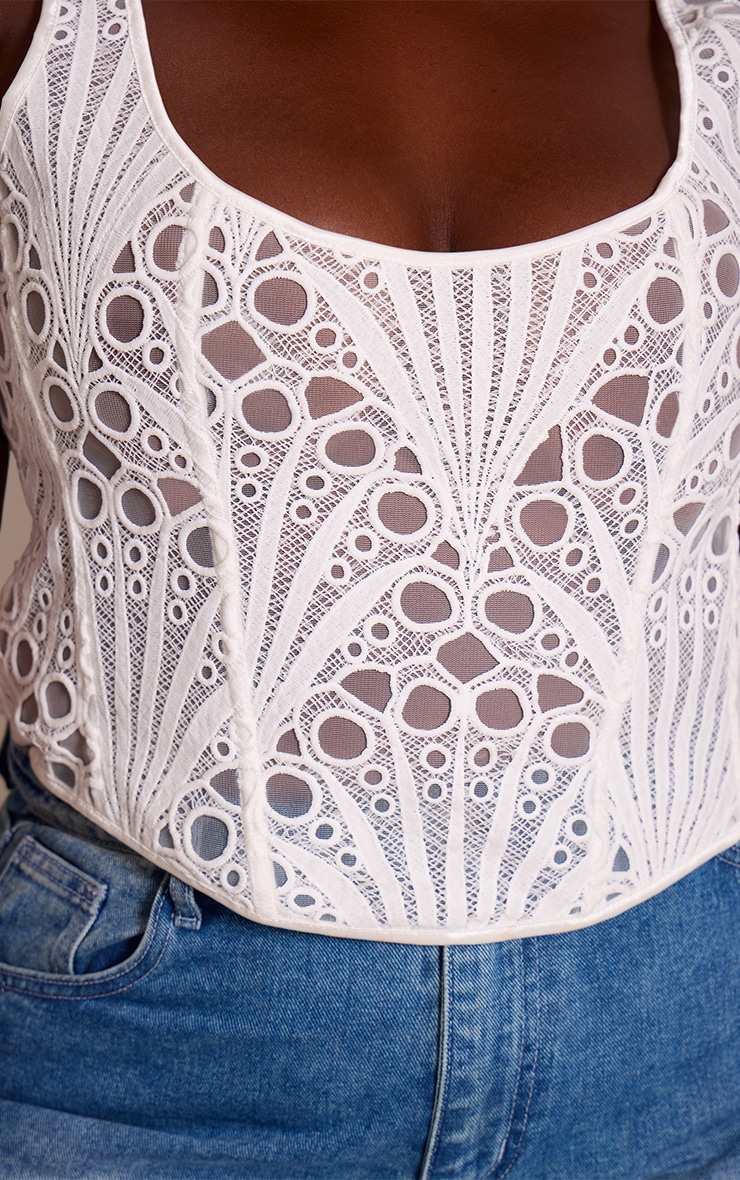 Plus White Textured Sheer Floral Square Neck Corset image 4