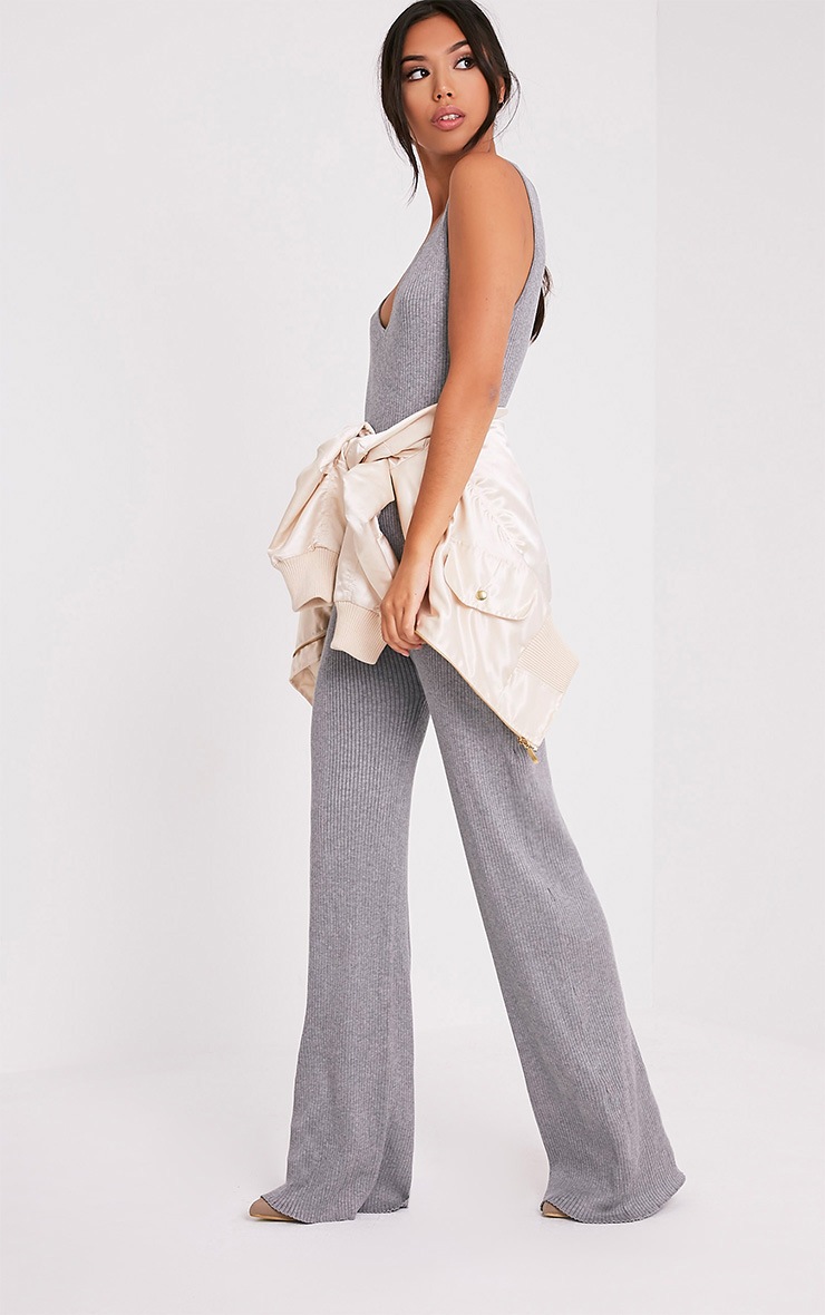 Kirstina Grey Ribbed Wide Leg Knitted Jumpsuit Knitwear
