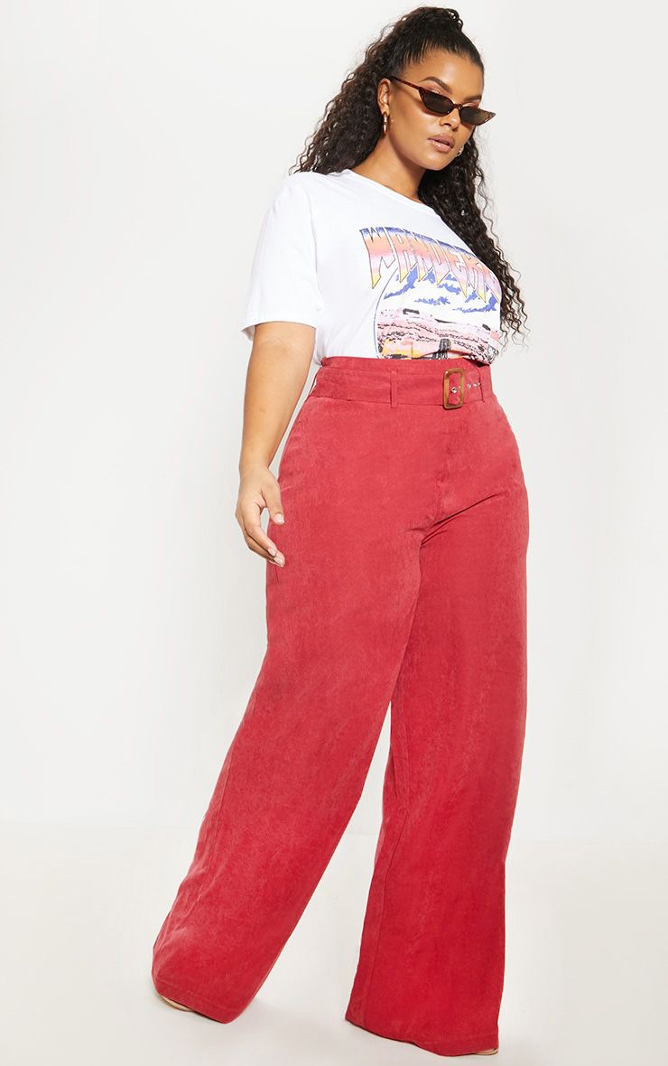 Plus Burgundy Faux Suede Belted Wide Leg Trouser