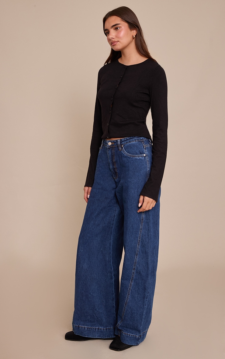 Indigo Relaxed Mid Rise Seam Detail Wide Leg Jeans image 2