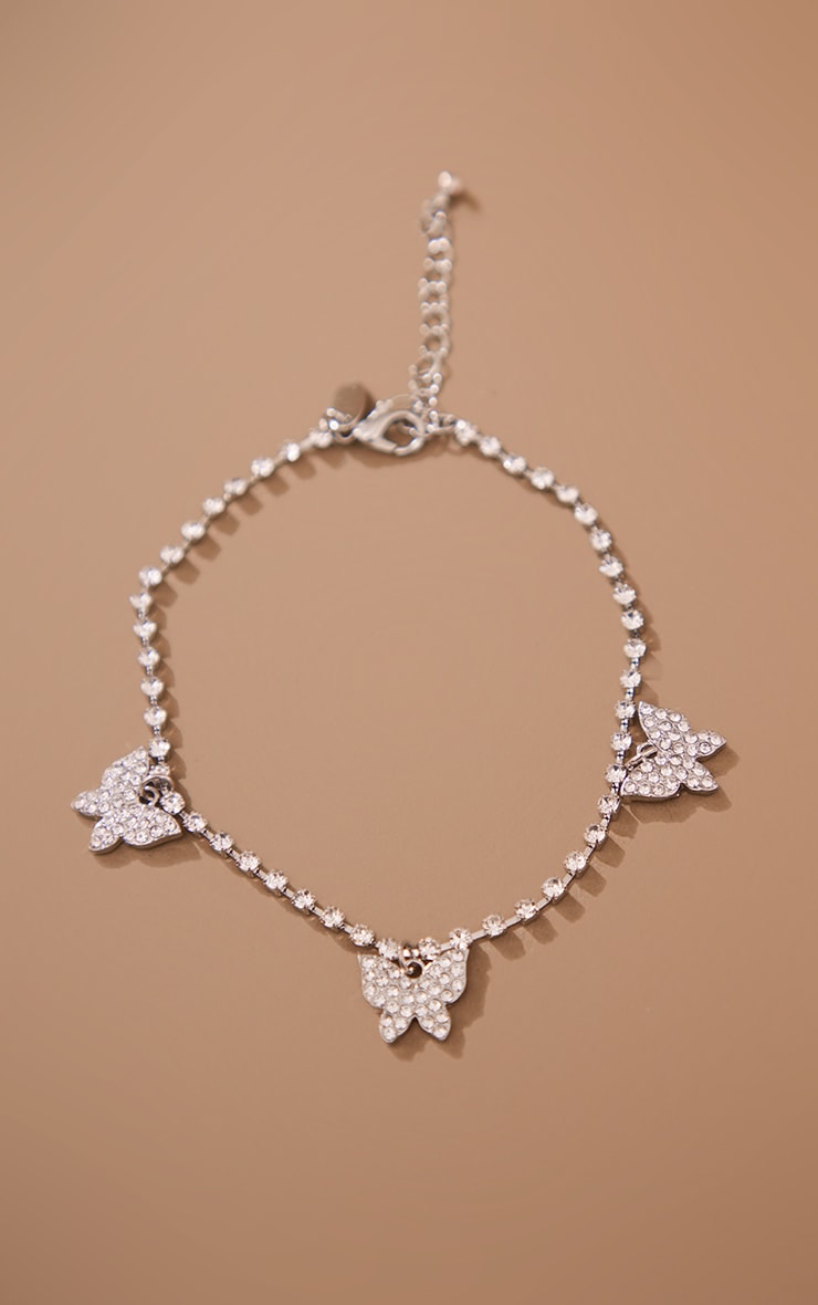 Silver Diamante Multi Butterfly Drop Anklet image 2