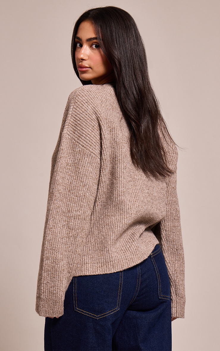 Petite Taupe Round Neck Knit Raglan Sleeve Sweater image 2