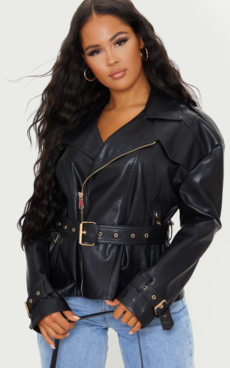 Black Faux Leather Tie Waist Biker Jacket