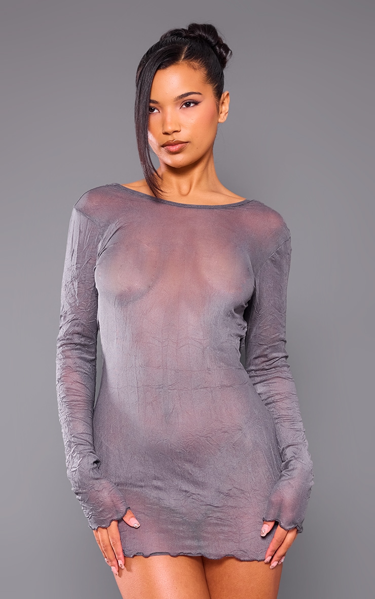 Grey Sheer Mesh Long Sleeve Cowl Back Mini Dress image 2