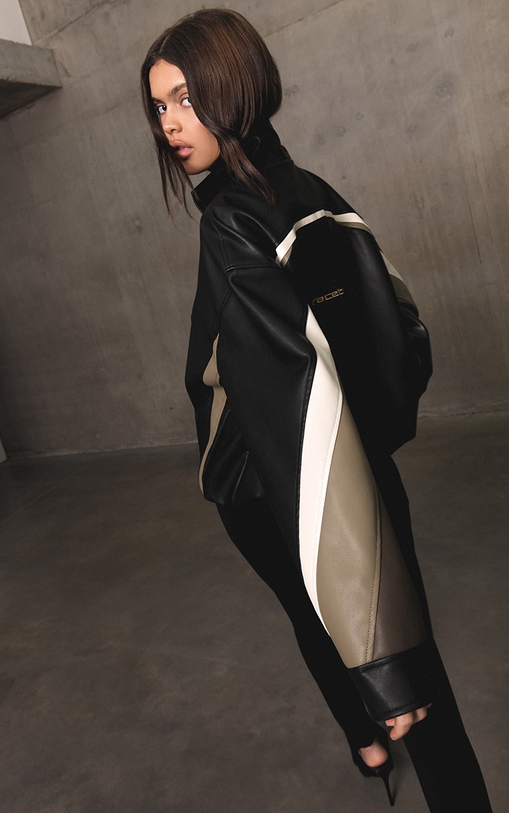 Black Contrast Panel Funnel Neck Faux Leather Biker Jacket