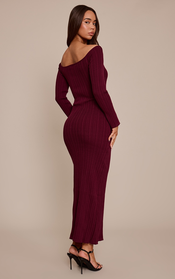 Burgundy Fine Knit Off the Shoulder Maxi Dress image 2