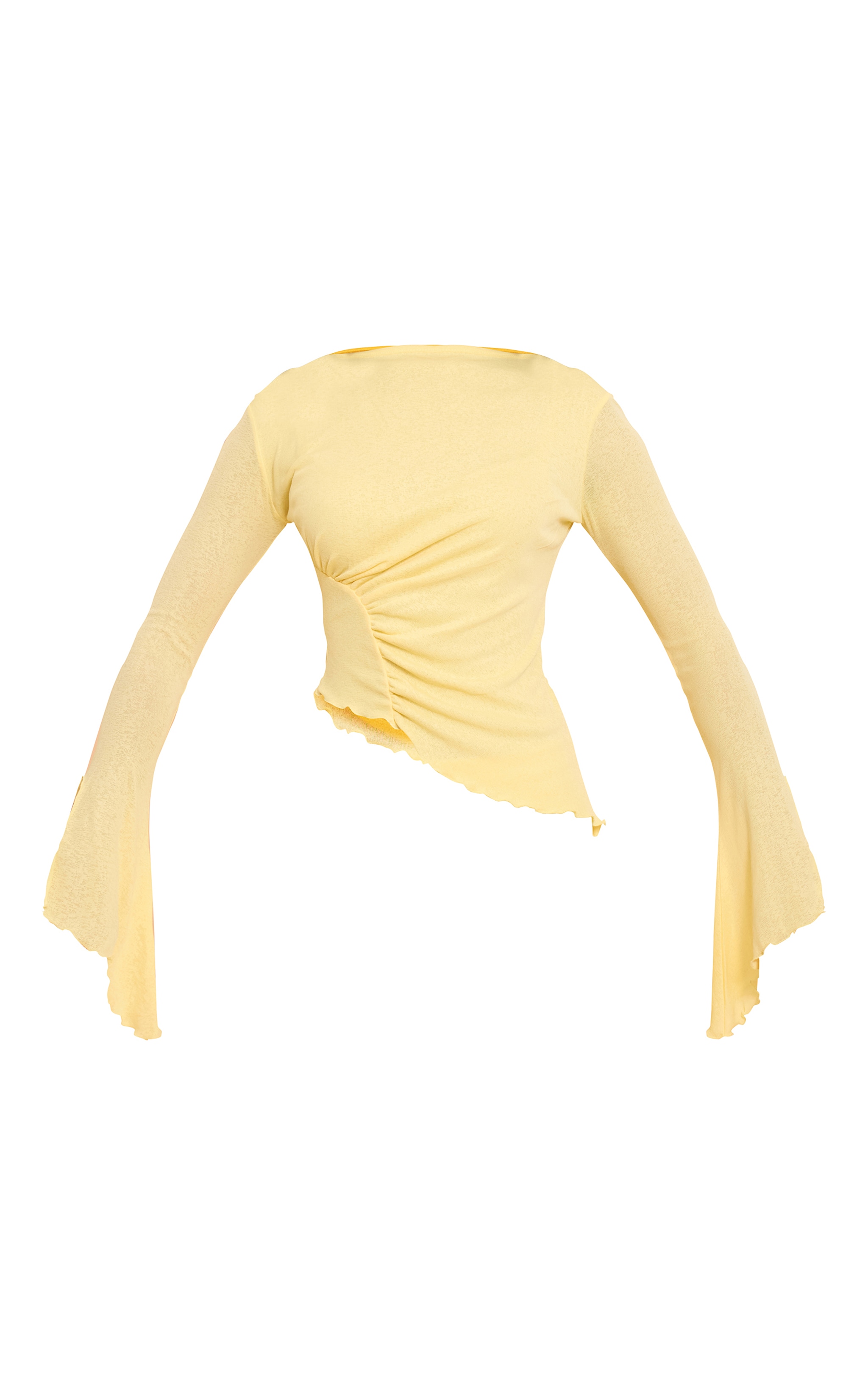 Lemon Burnout Mesh Ruched Front Flared Sleeve Long Top image 5