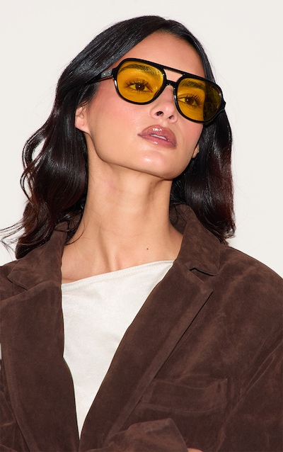 Black Plastic Frame Coloured Lens Aviator Sunglasses