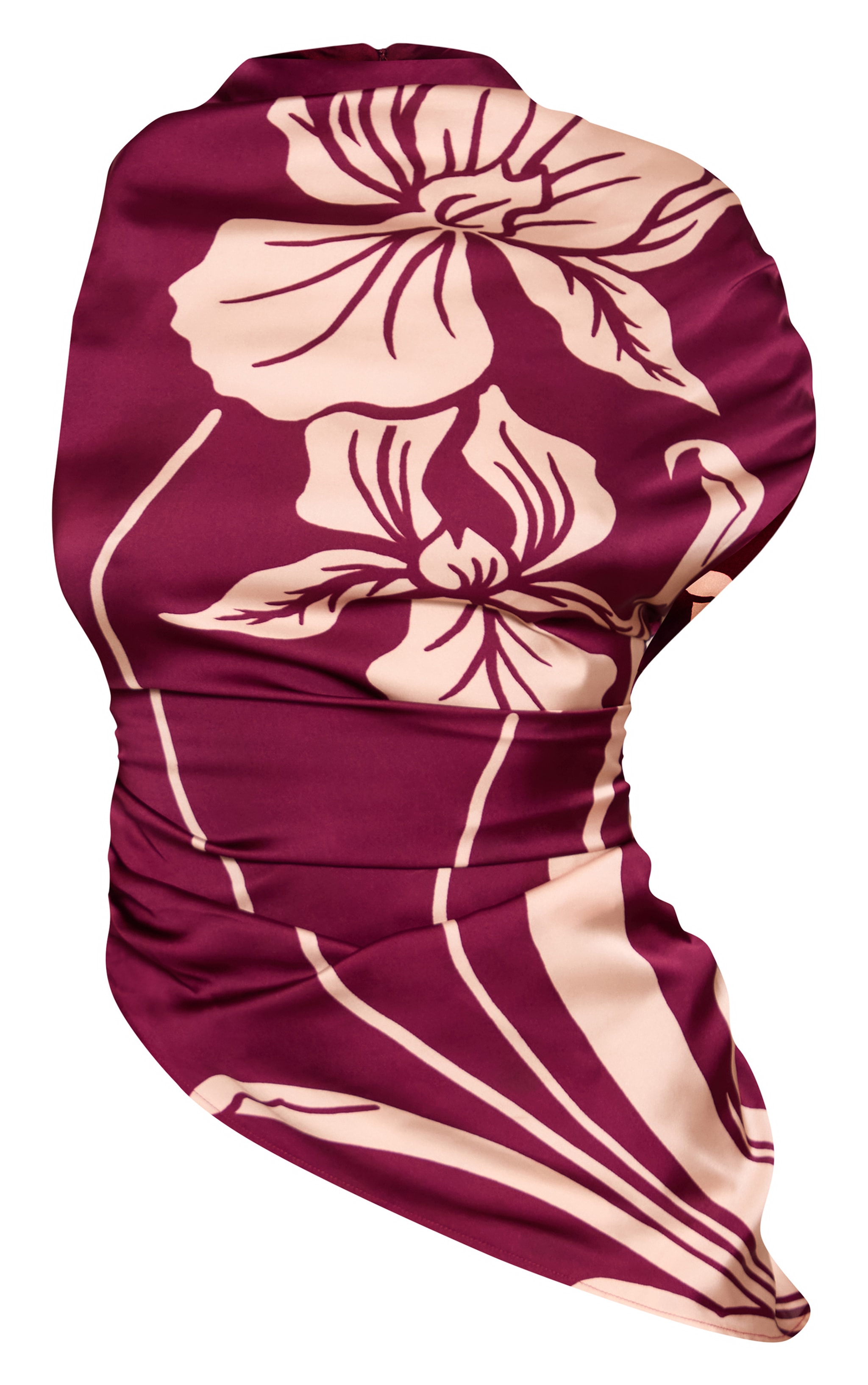 Top long satiné imprimé rouge vin froncé à col montant image 5