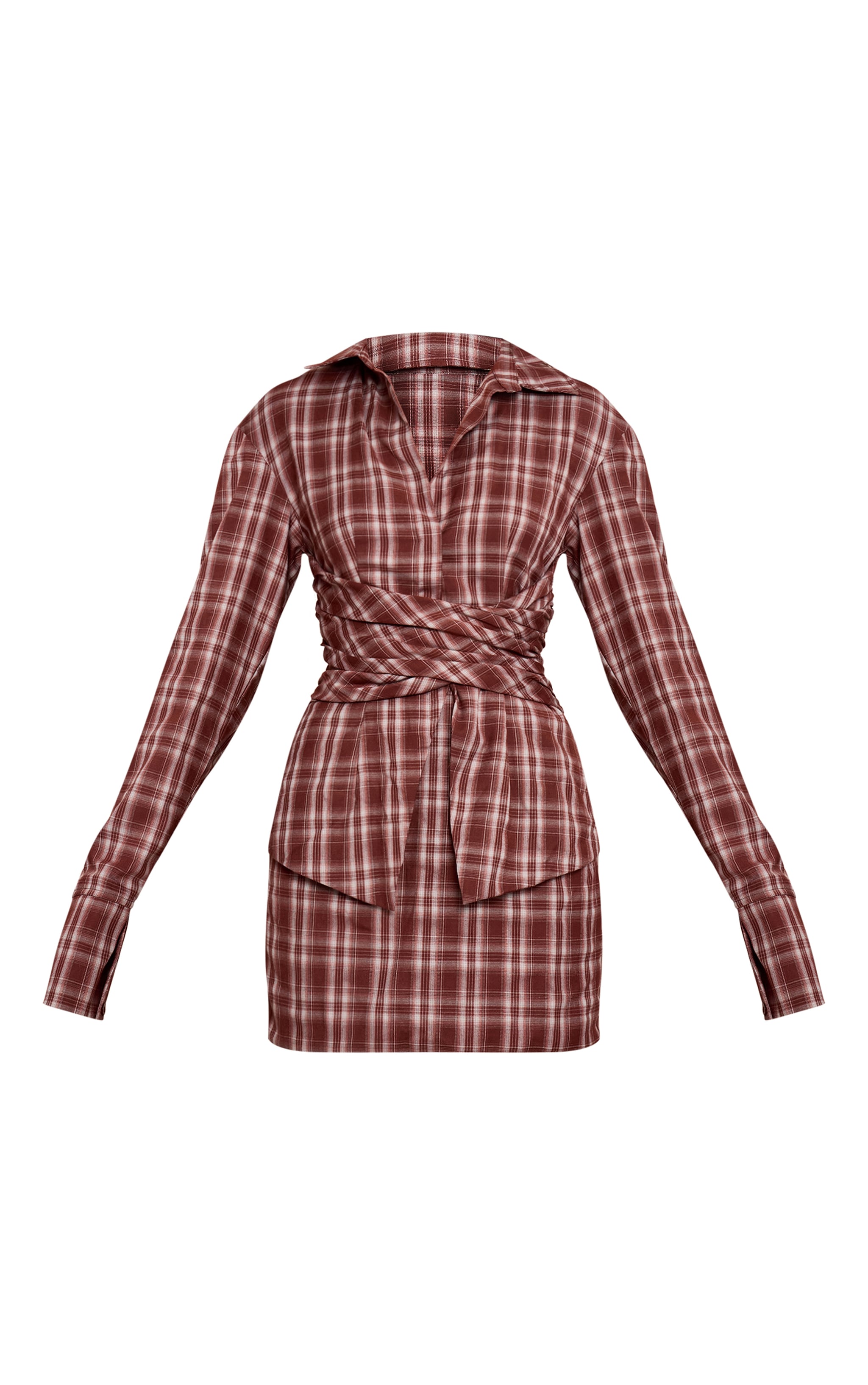Brown Check Wrap Detail Long Sleeve Shirt Dress image 5