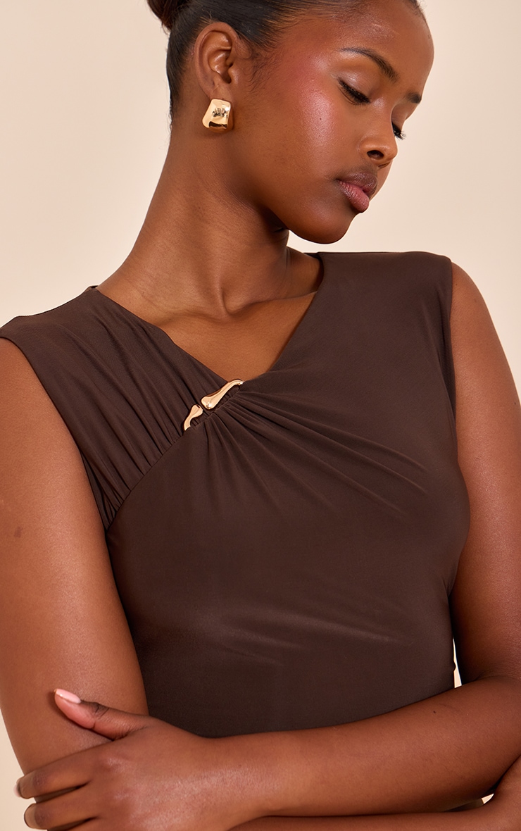 Chocolate Double Layer Ruched Trim Detail Mini Dress image 4