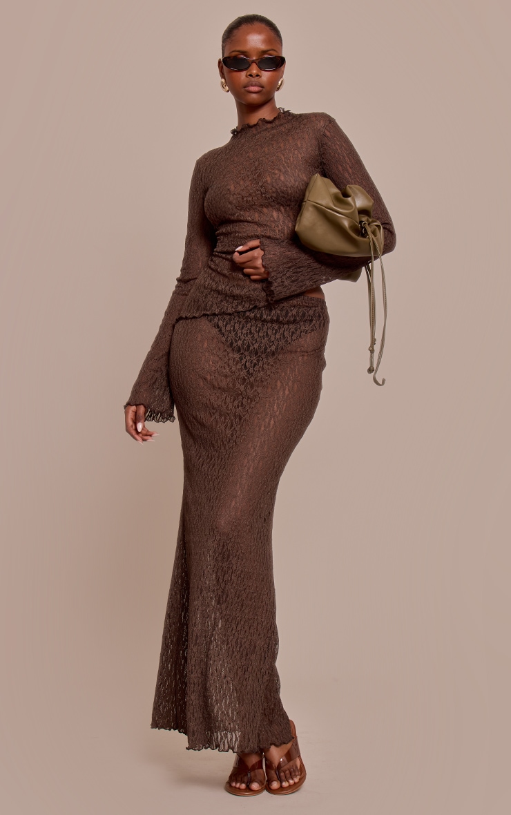 Dark Brown Sheer Lace Fishtail Maxi Skirt image 1