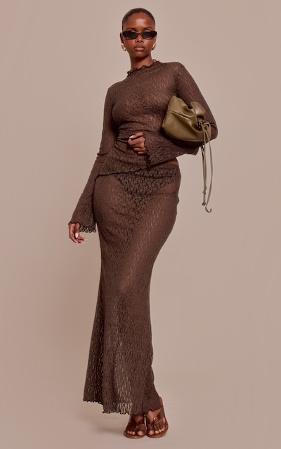 Dark Brown Sheer Lace Fishtail Maxi Skirt