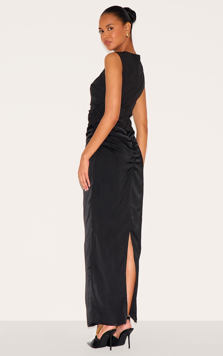 Black Woven High Neck Ruched Drape Midaxi Dress image 2