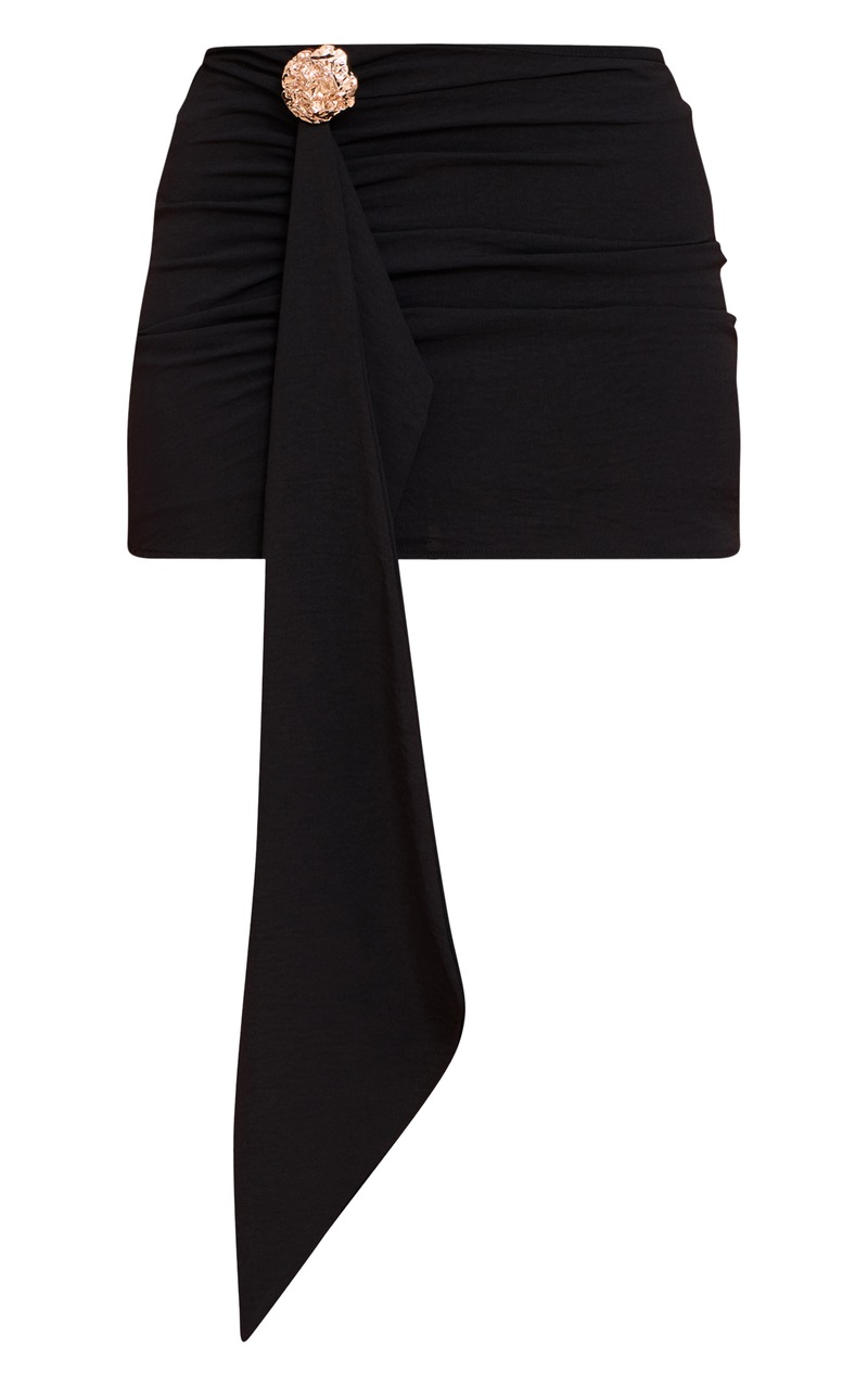 Draped Mini Dress With Sculptural Skirt And Side Slit - Black