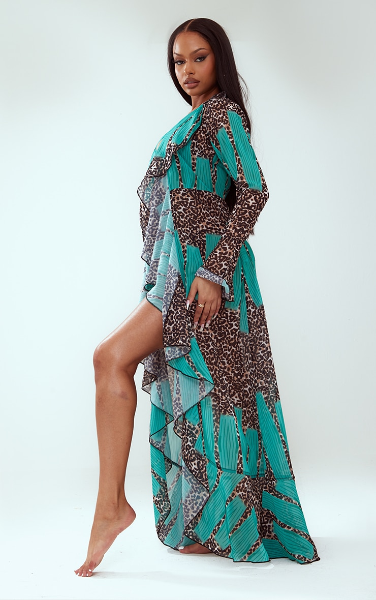 Green Mixed Animal Print Extreme Frill Kimono image 3