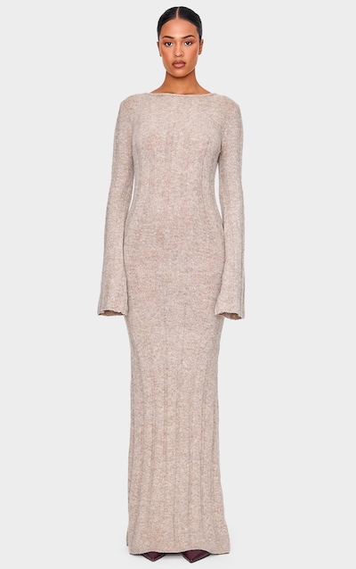 Tall Taupe Rib Knit Open Back Maxi Dress