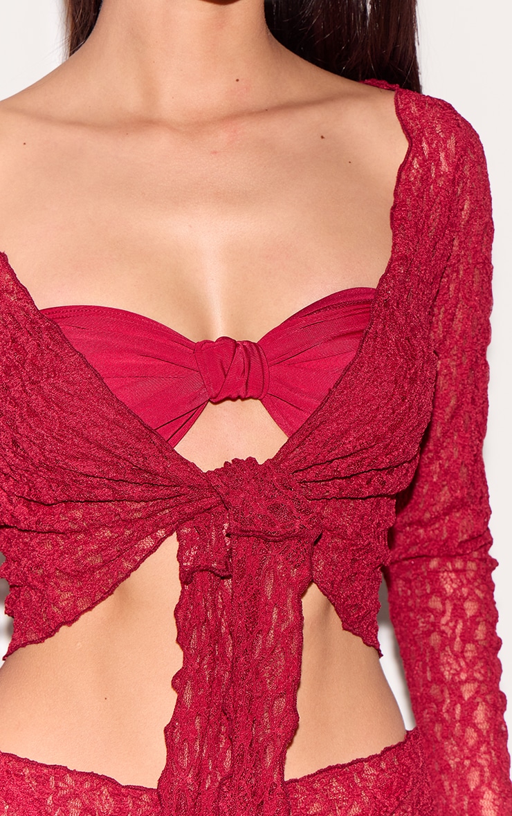 Berry Red Lace Tie Front Beach Top image 4