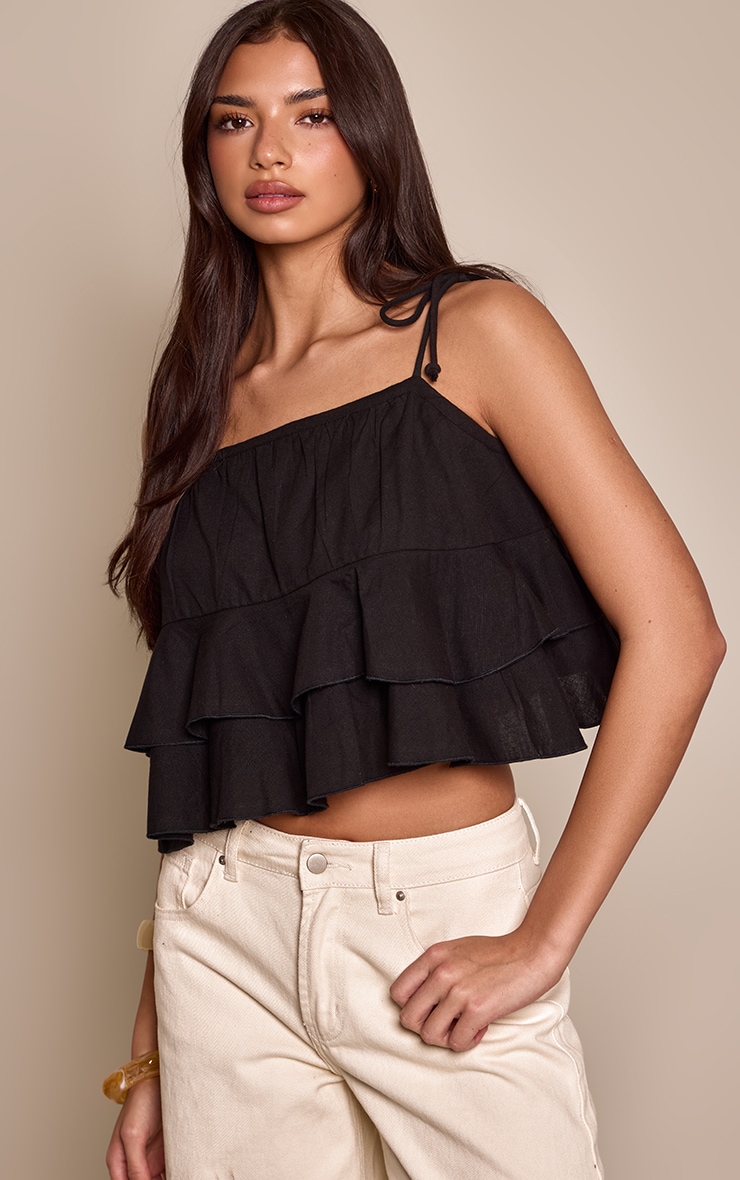 Black Cotton Linen Frill Detail Cami