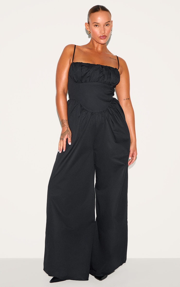 Plus Black Premium Ruched Corset Detail Wide Leg Jumpsuit image 1