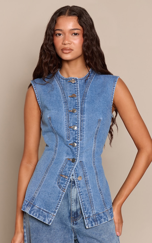 Top long en jean bleu moyen sans manches