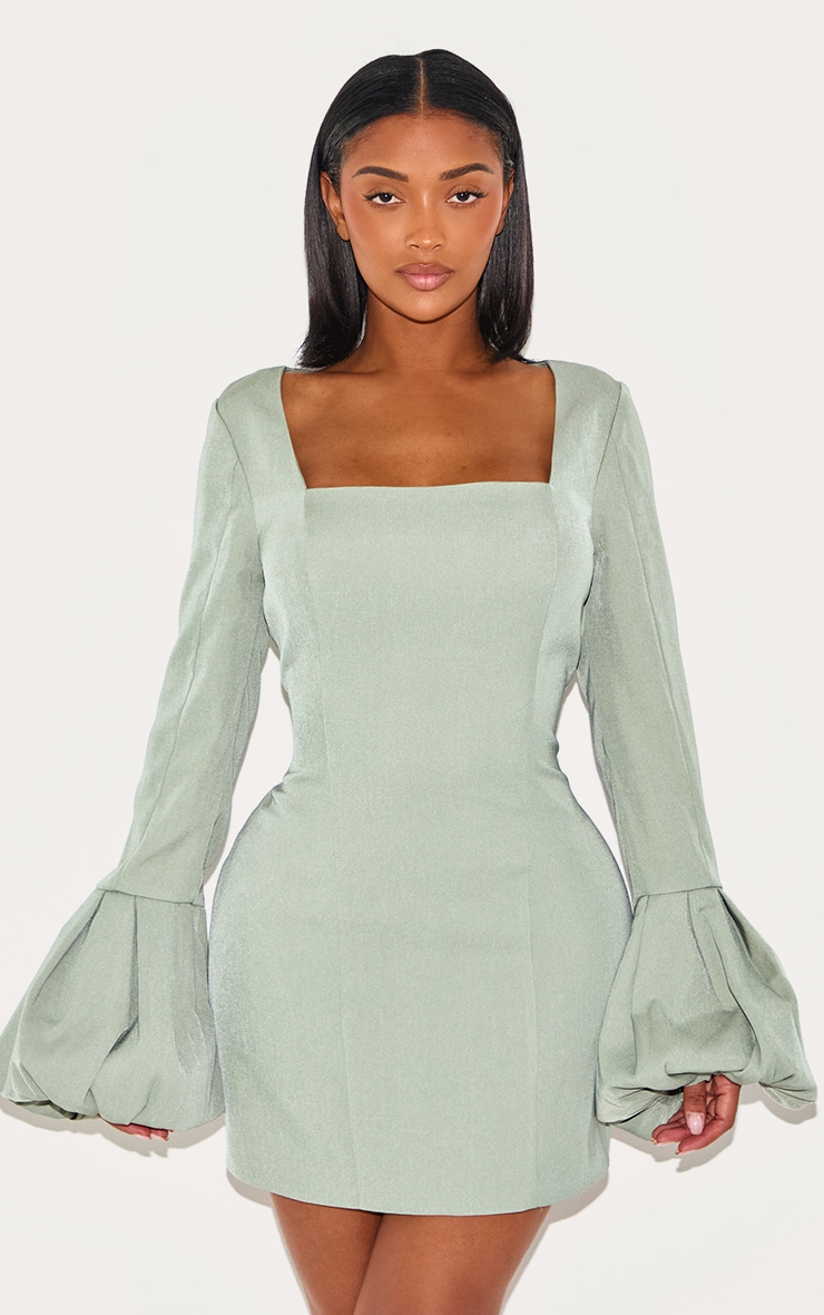Shape Mini robe tissée stretch vert olive à col carré et manches bouffantes image 3