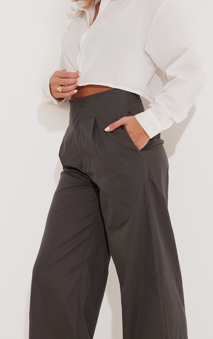 Grey Soft Woven Button Detail Straight Leg Trousers image 4