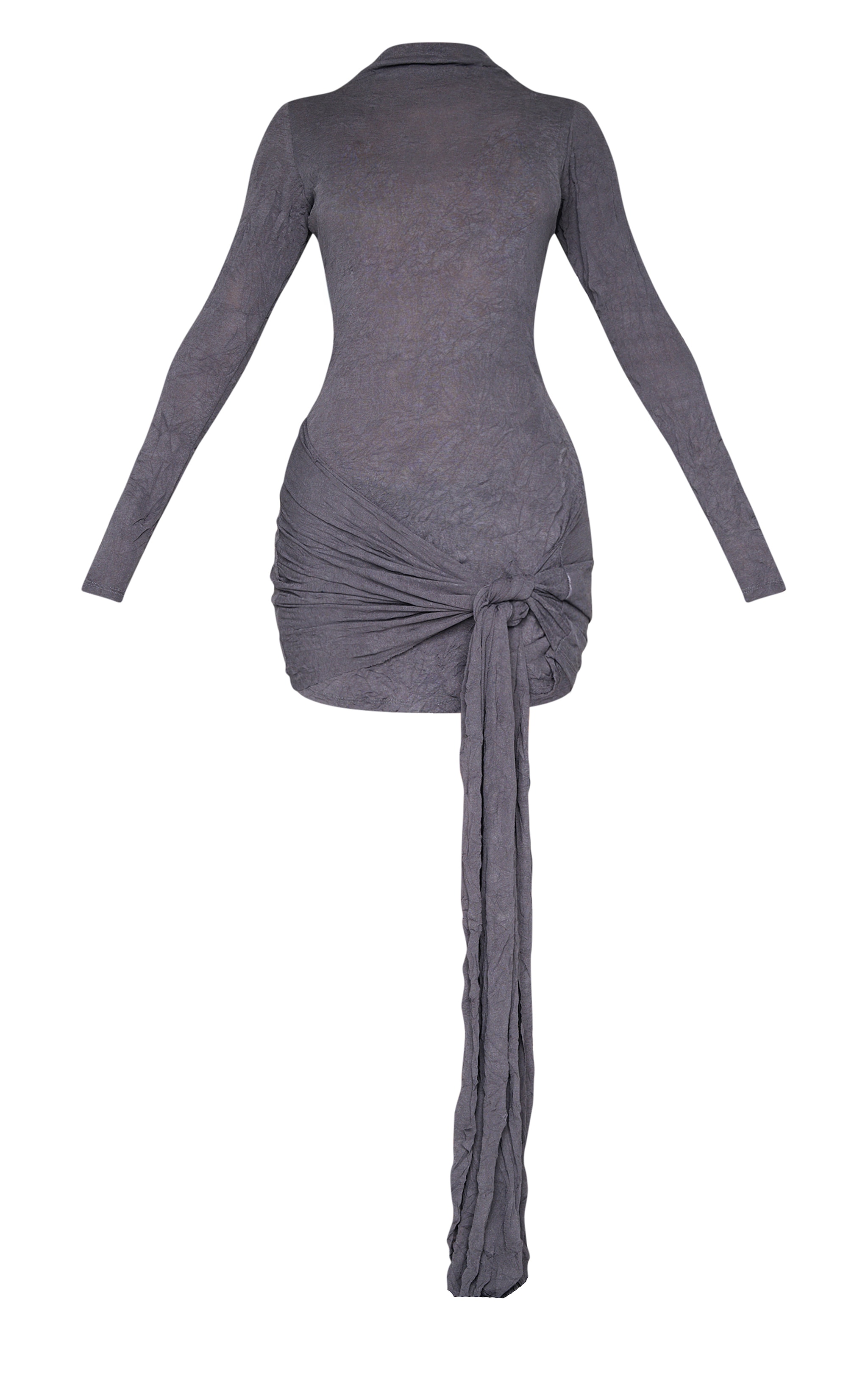 Petite Charcoal Crushed Mesh Long Sleeve Tie Detail Mini Dress image 5