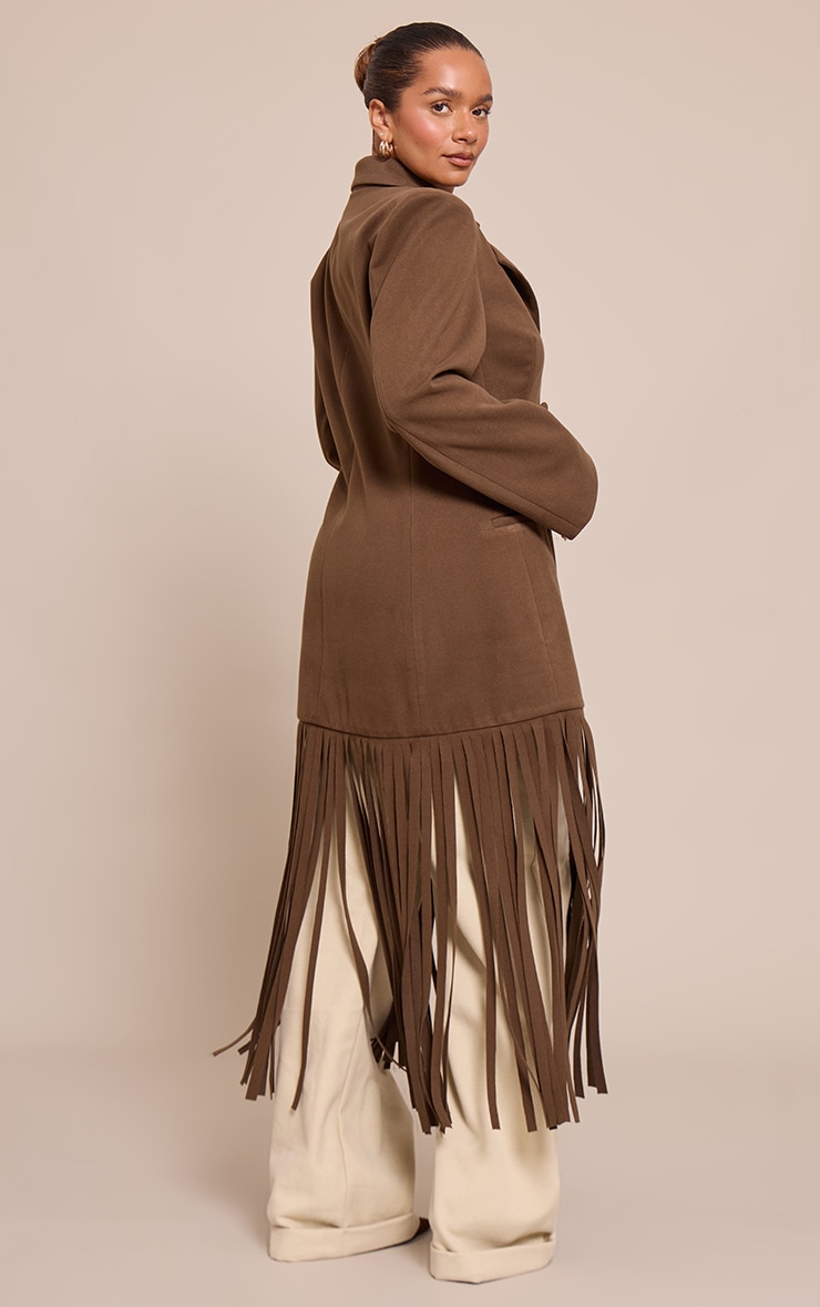 Shape Brown Wool Look Cinched Waist Fringe Hem Blazer image 2