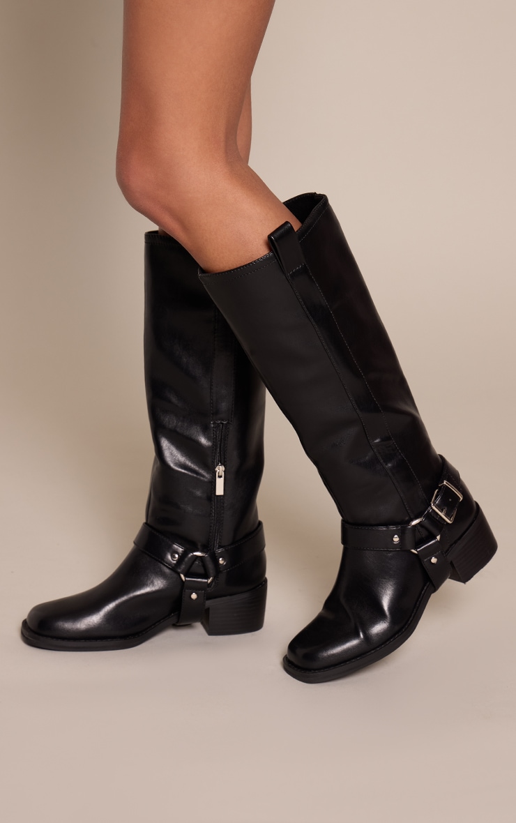 Black PU Buckle Detail Knee High Boots