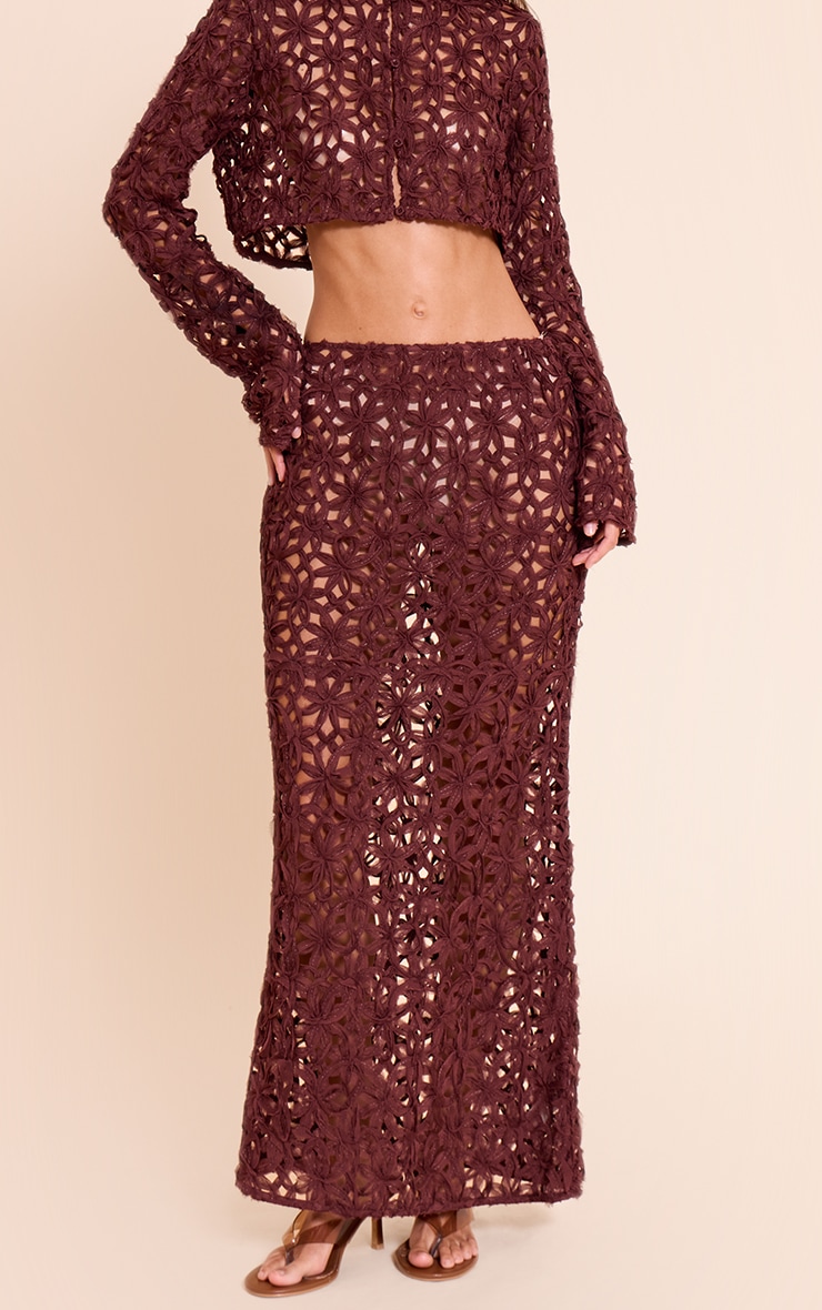 Dark Brown Textured Floral Maxi Skirt image 2