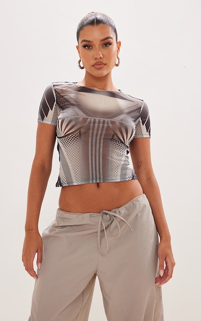 Black Mesh Body Print T Shirt