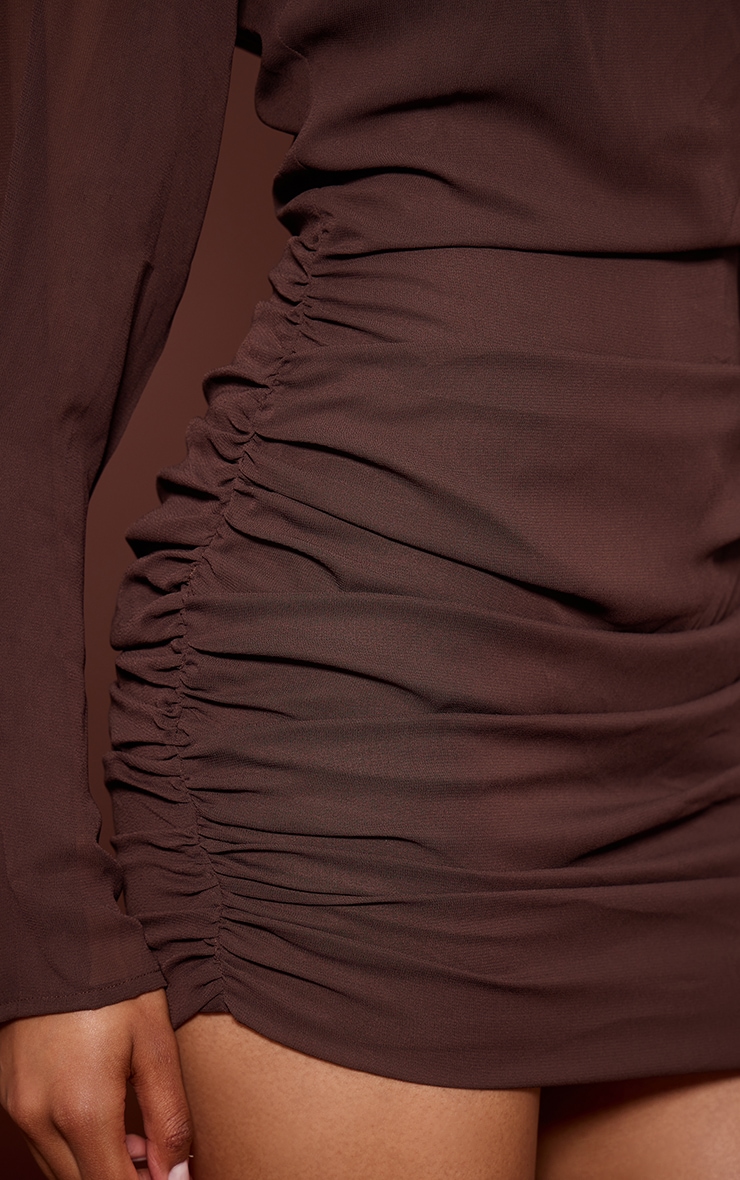 Chocolate Woven Boat Neck Long Sleeve Ruched Mini Dress image 4